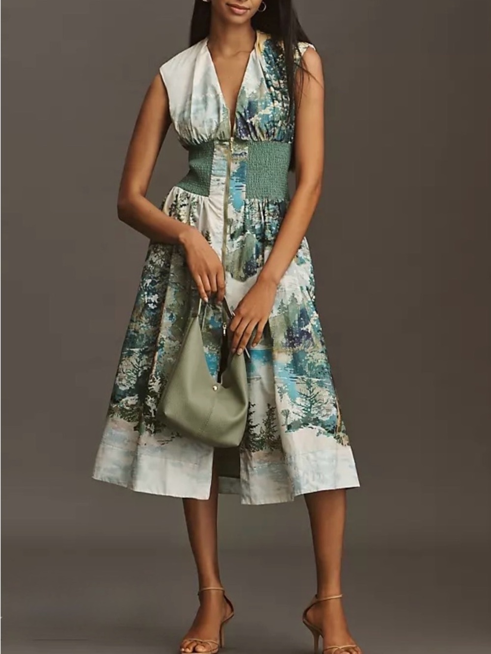 Anthropology Sleeveless Green Scenic Print Midi Dress